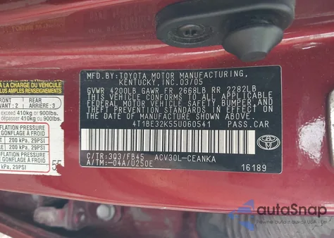 2005 Toyota Camry Le from USA, damaged, VIN 4T1BE32K55U060541